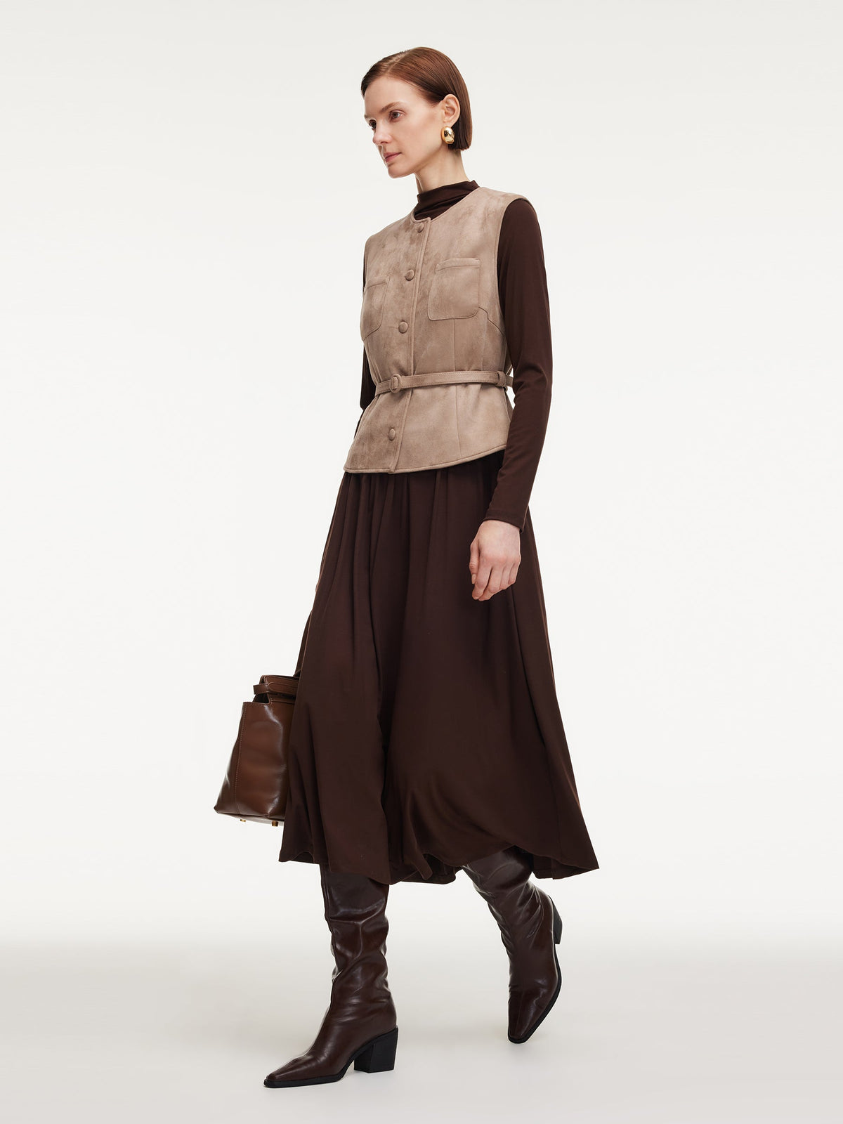 Faux Suede Vest And Knit Dress Two-Piece Set With Belt