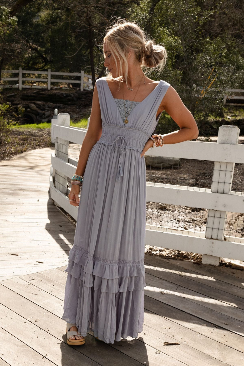 Santa Maria Tiered Lace Maxi Dress - Washed Gray - Pre Order