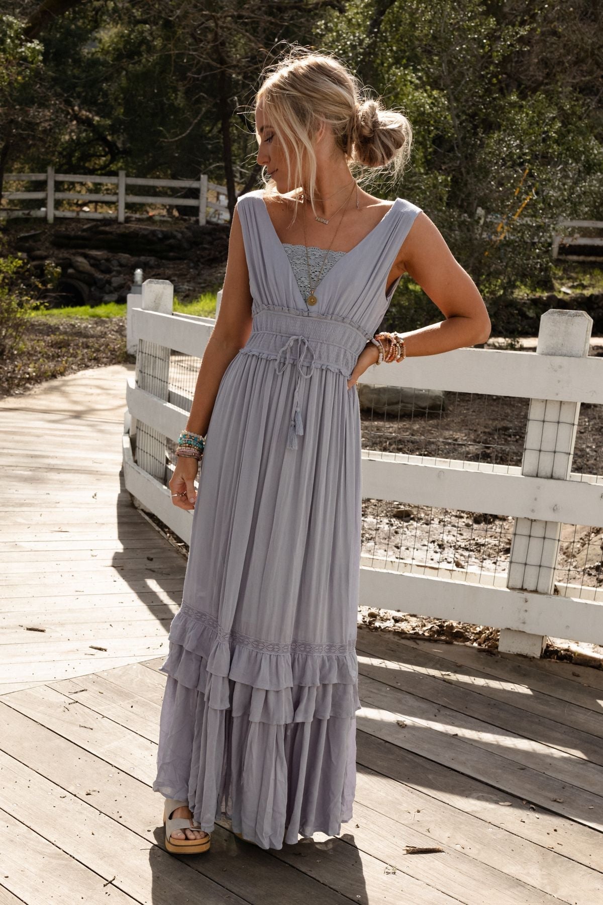 Santa Maria Tiered Lace Maxi Dress - Washed Gray - Pre Order