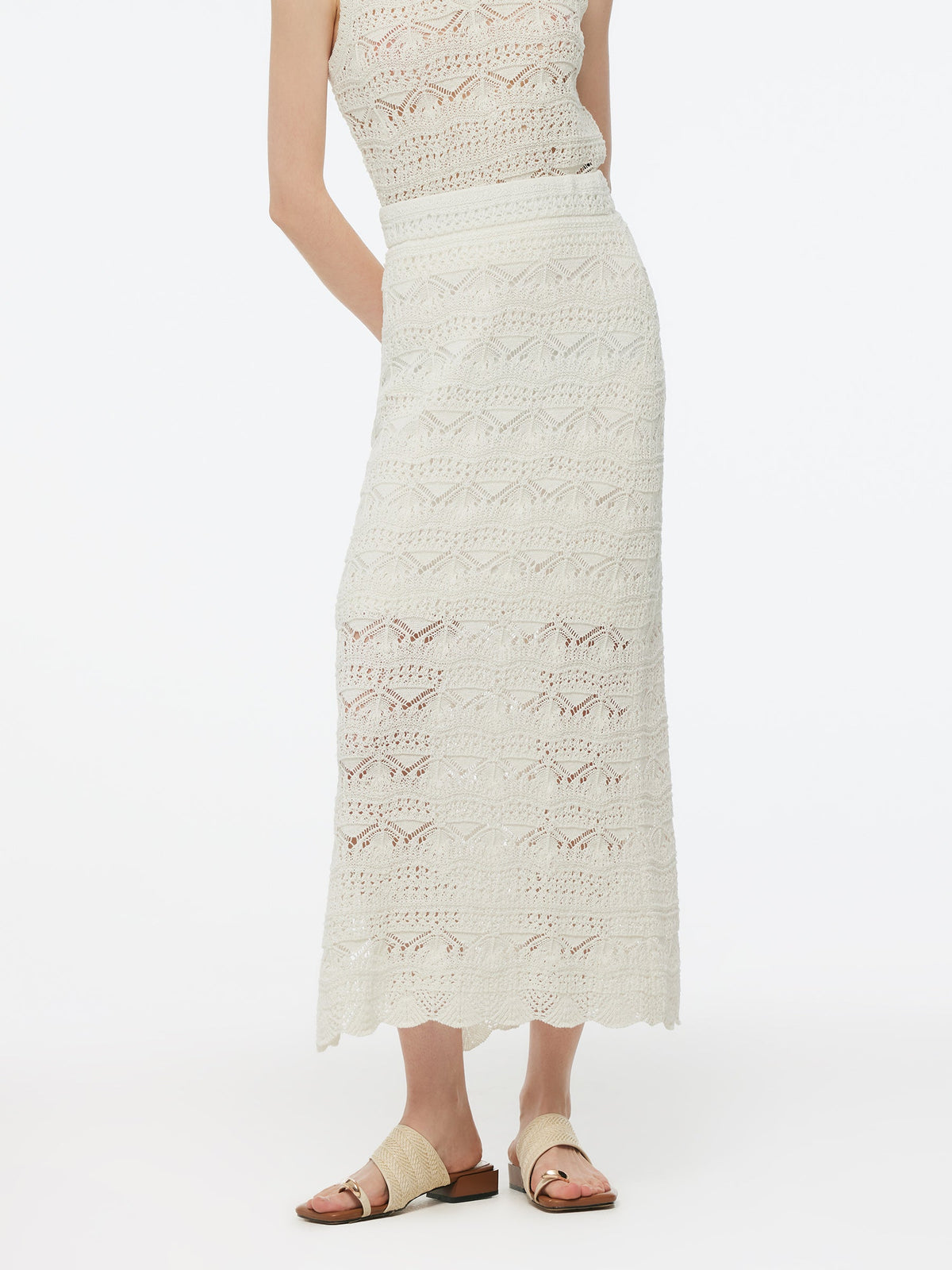Linen Cotton Blend Women Side Slit Openwork Skirt