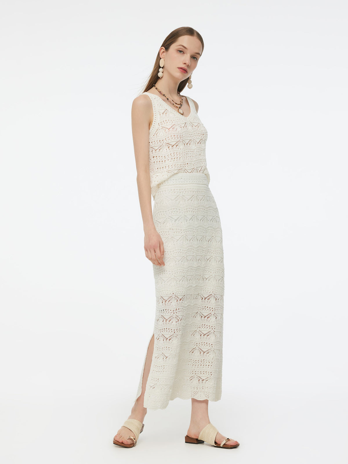 Linen Cotton Blend Women Side Slit Openwork Skirt