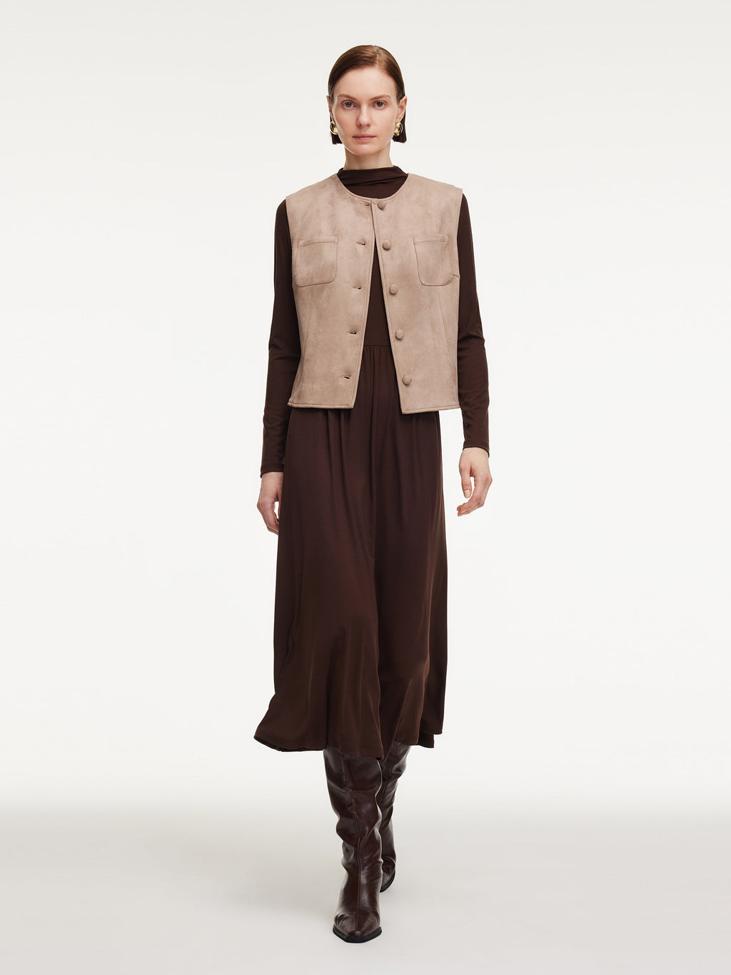 Faux Suede Vest And Knit Dress Two-Piece Set With Belt