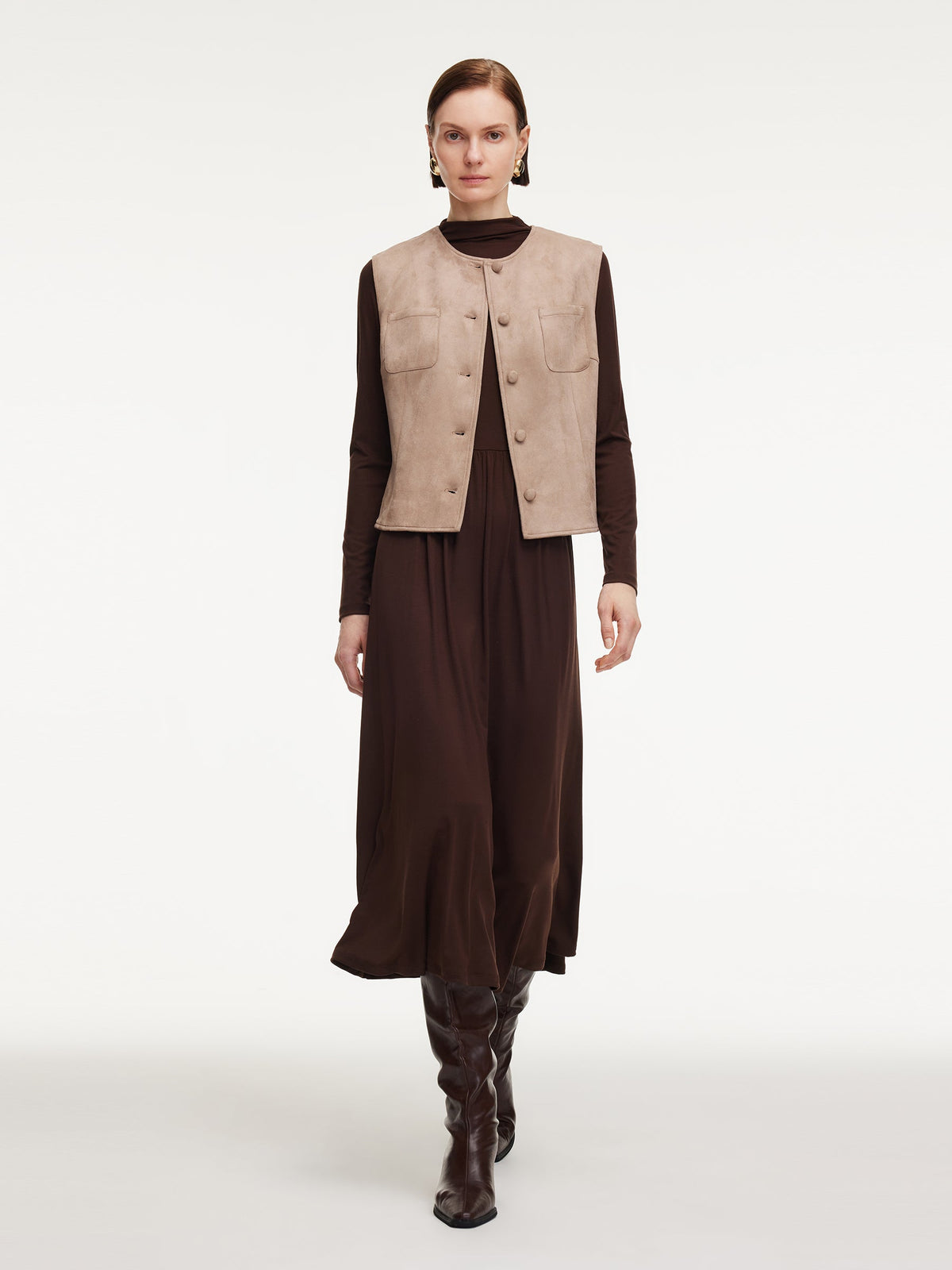 Faux Suede Vest And Knit Dress Two-Piece Set With Belt