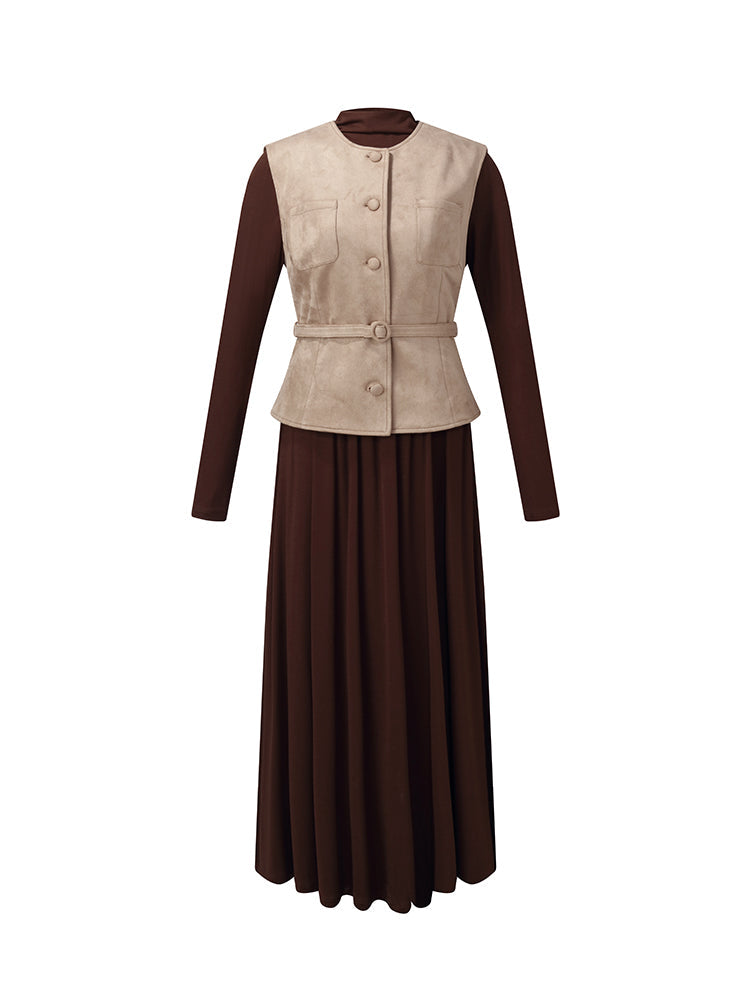 Faux Suede Vest And Knit Dress Two-Piece Set With Belt