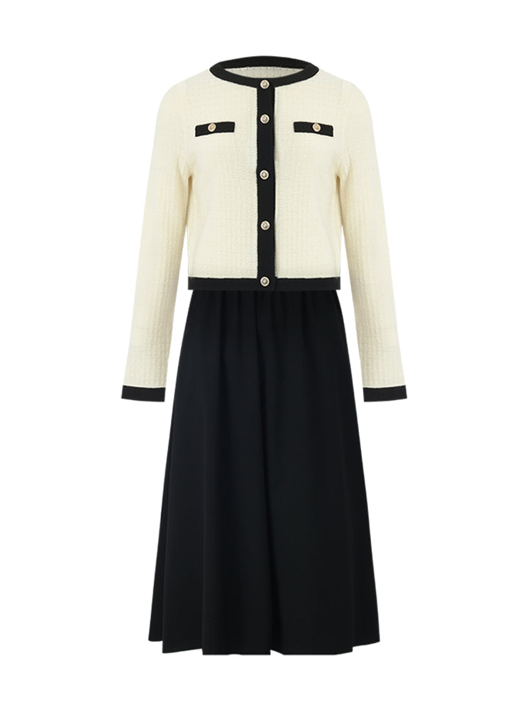 Pre-Order Contrast Trim Cardigan And Vest Dress Two-Piece Set