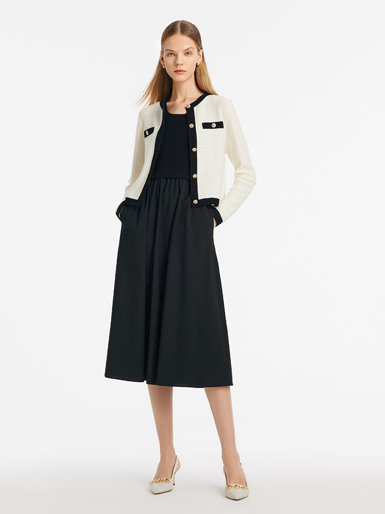 Pre-Order Contrast Trim Cardigan And Vest Dress Two-Piece Set