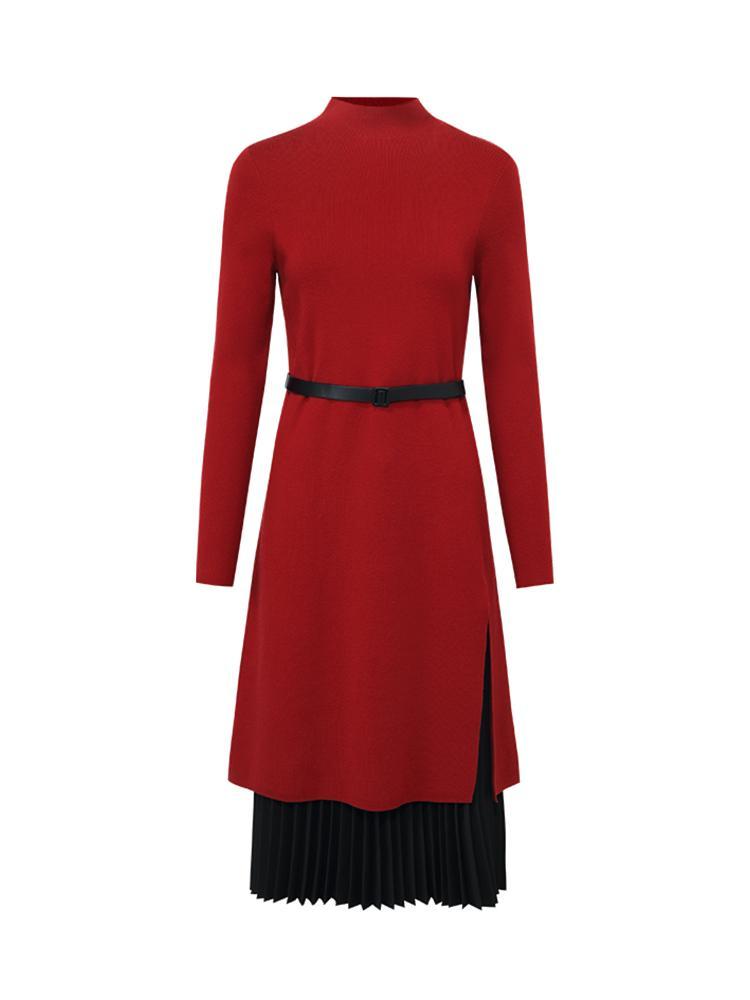 Mock Neck Long Sweater And Wool Pleated Skirt Two-Piece Set