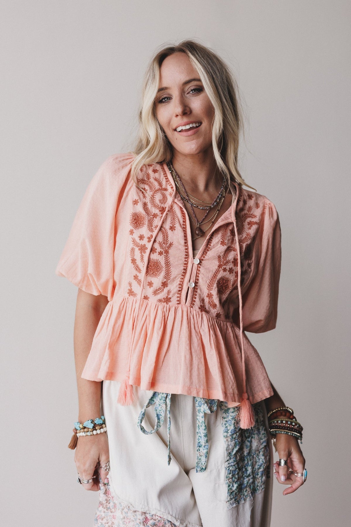 Louella Embroidered Peplum Top - Coral