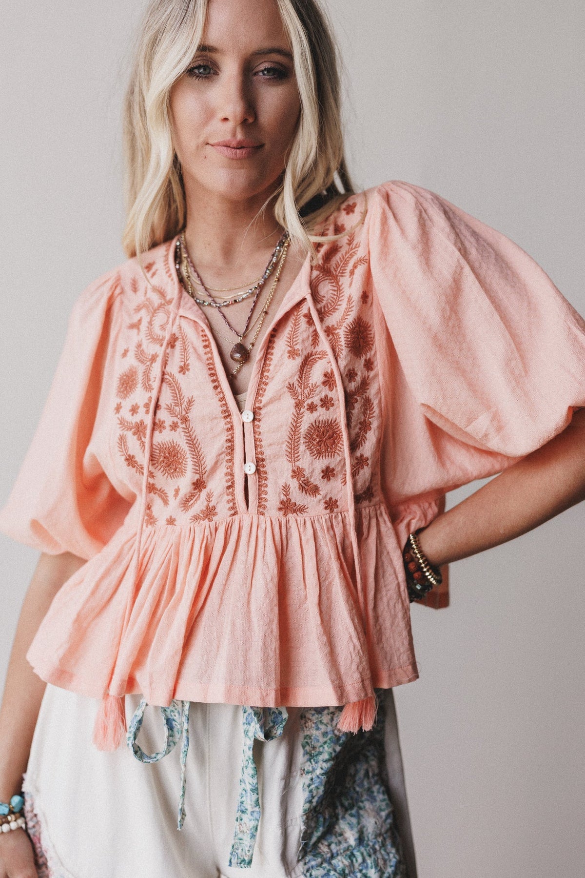 Louella Embroidered Peplum Top - Coral
