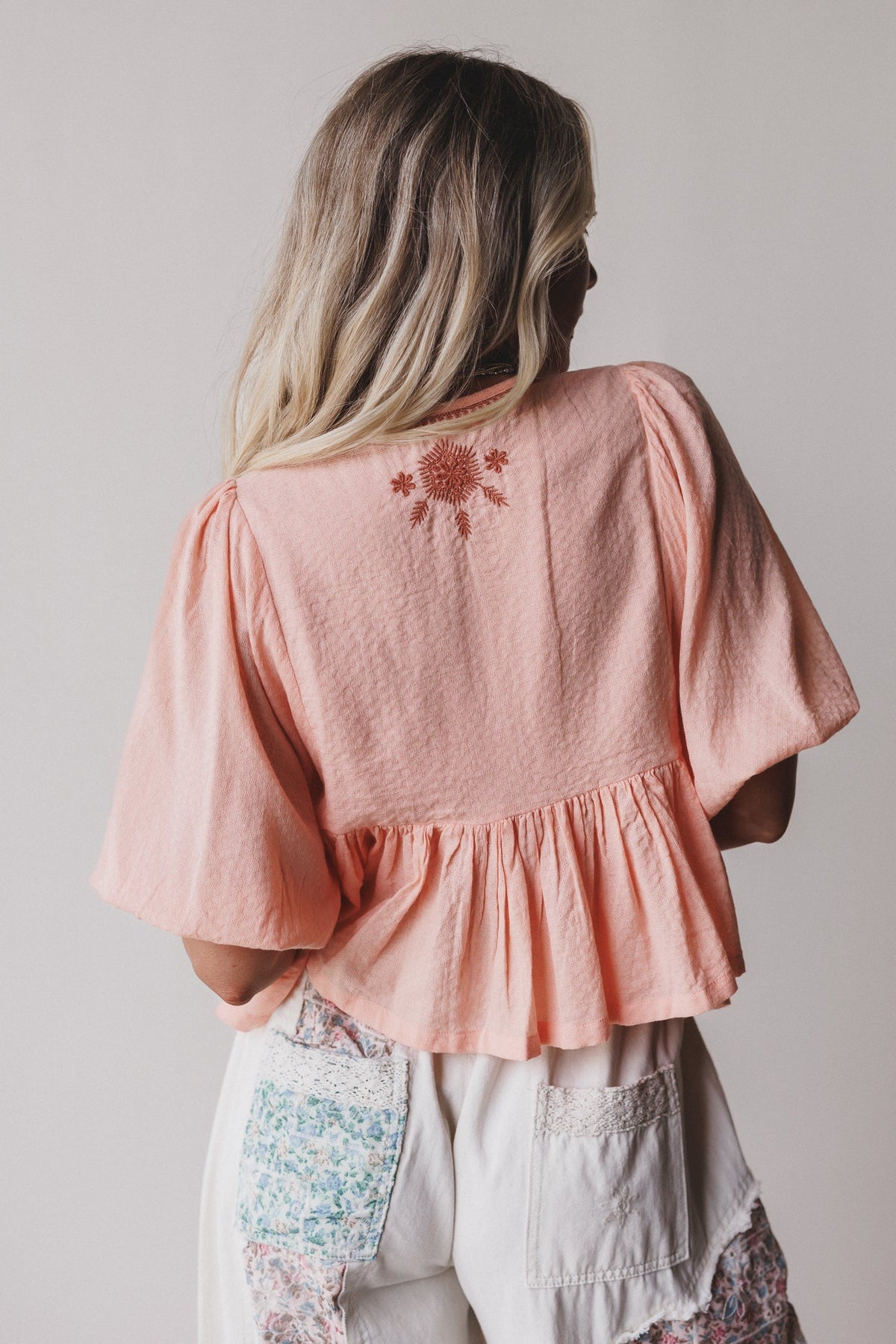 Louella Embroidered Peplum Top - Coral