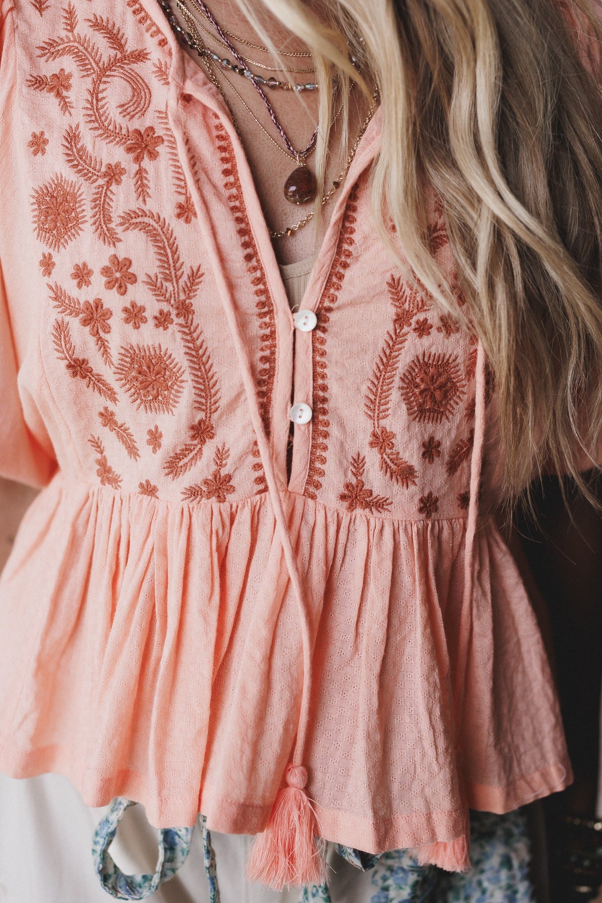 Louella Embroidered Peplum Top - Coral