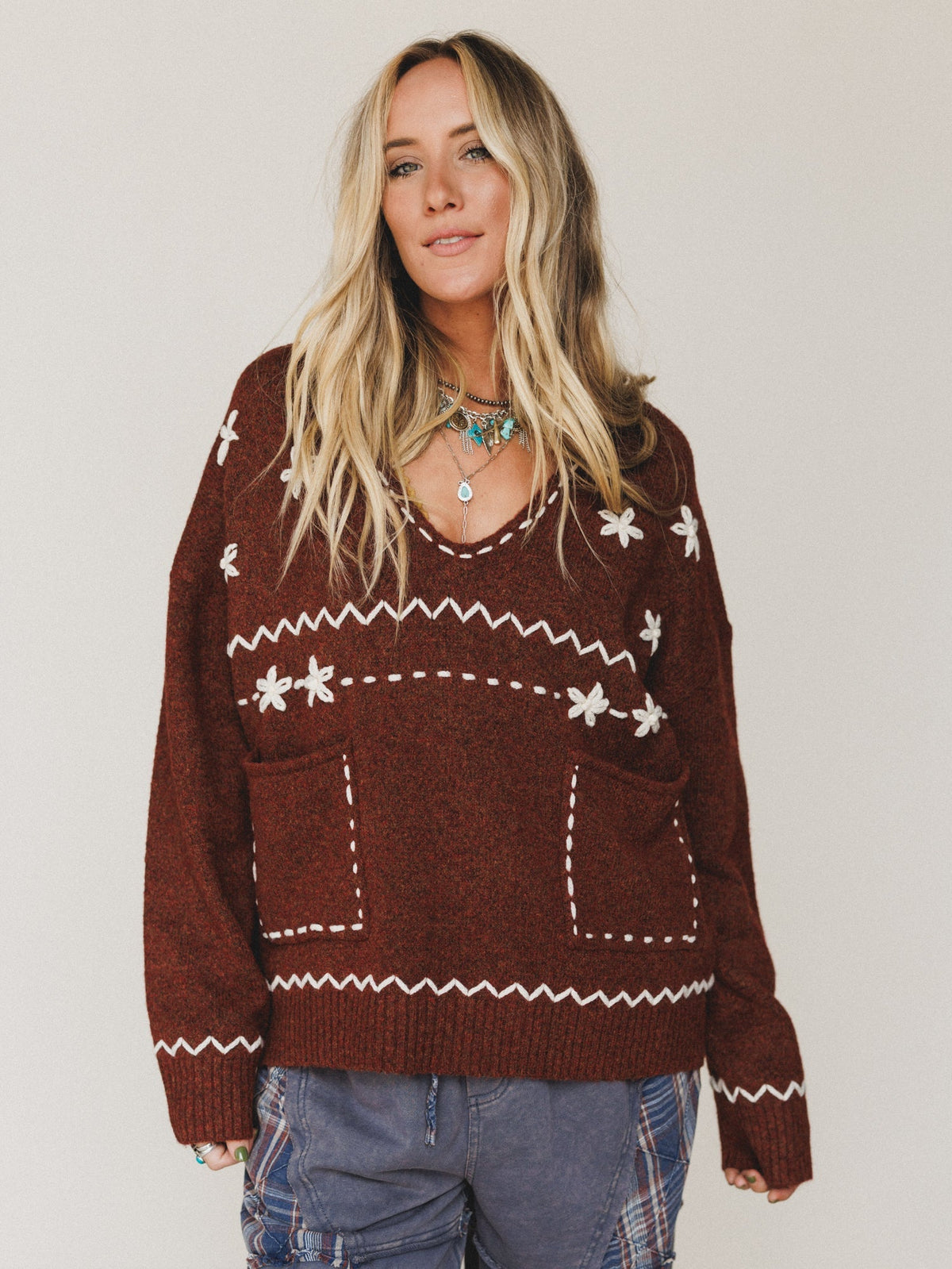 Chai Embroidered Knit Sweater - Red