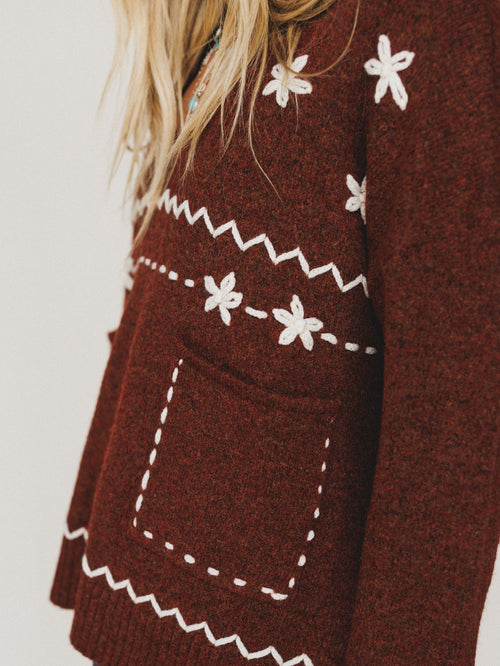 Chai Embroidered Knit Sweater - Red