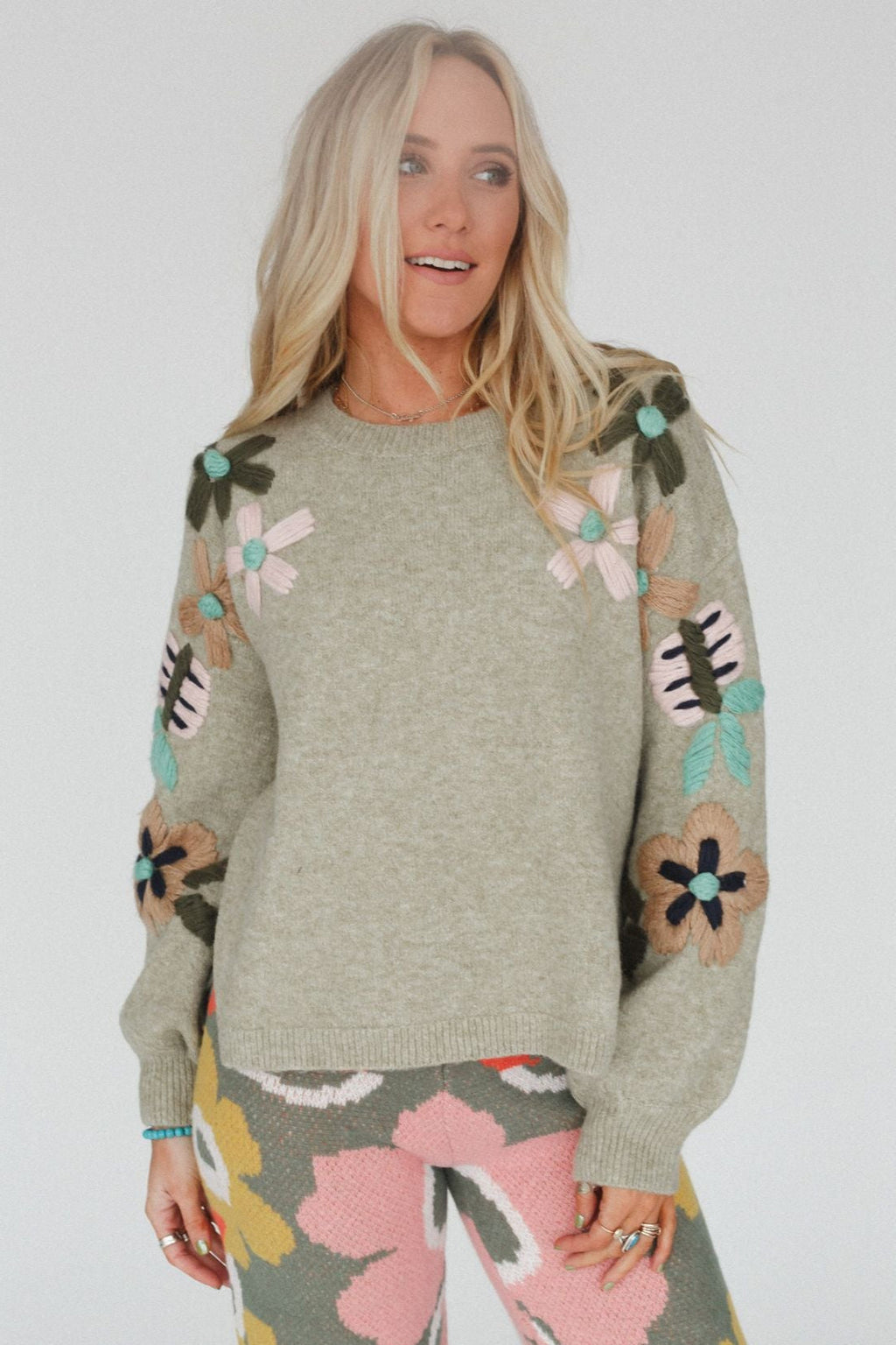 Wild Blossom Embroidered Sweater - Sage