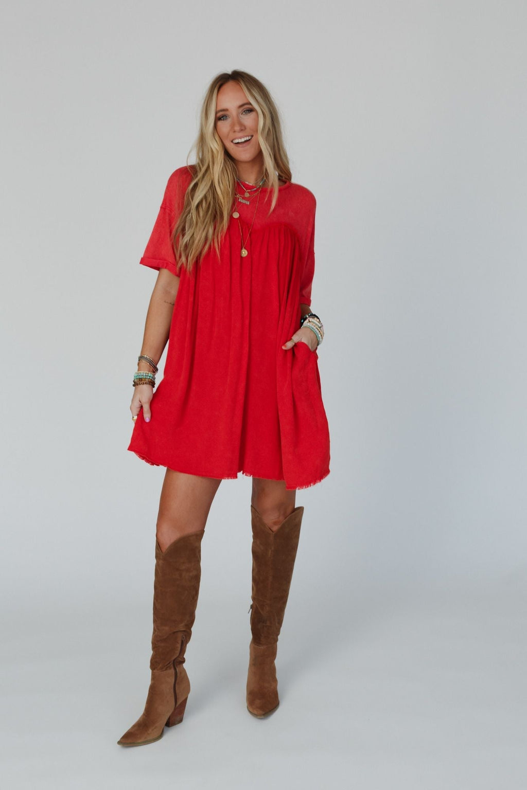 Keep In Touch Tunic Dress - Red - Pre Order