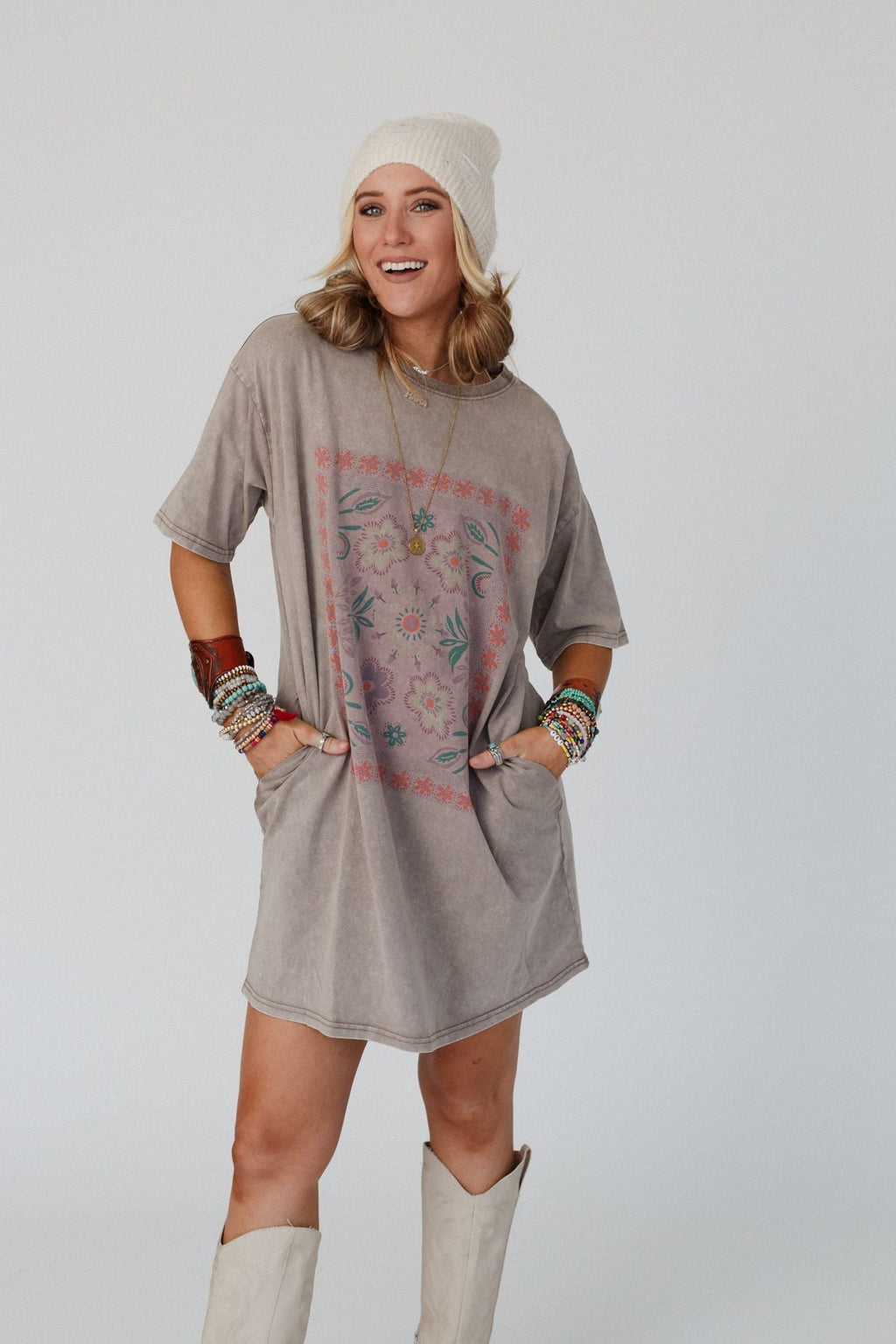 Fall Blossoms Tee Dress - Mocha - Pre Order