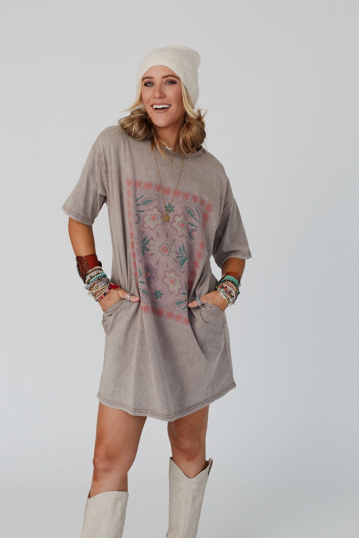 Fall Blossoms Tee Dress - Mocha - Pre Order
