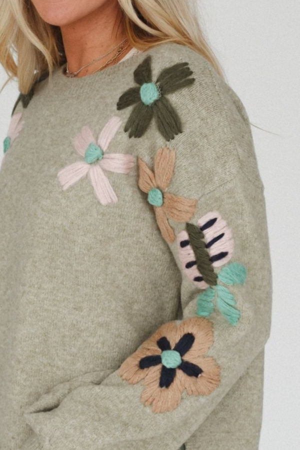 Wild Blossom Embroidered Sweater - Sage