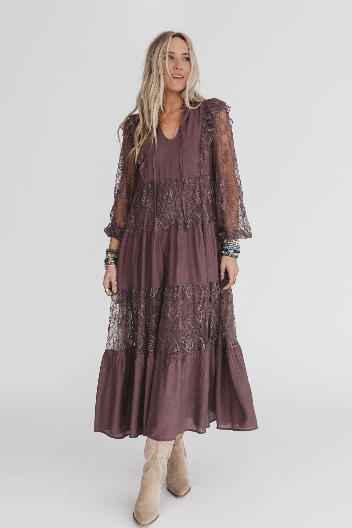 All Heart Lace Tiered Maxi Dress - Brown - Pre Order