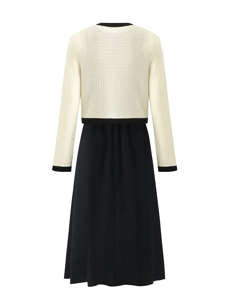 Pre-Order Contrast Trim Cardigan And Vest Dress Two-Piece Set