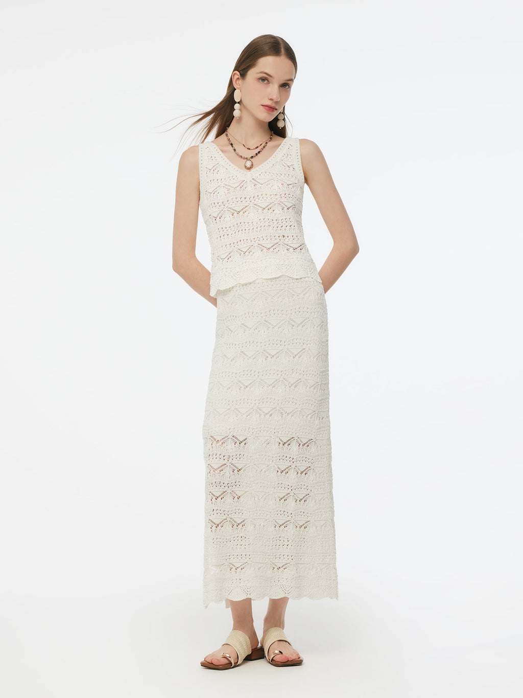 Linen Cotton Blend Women Side Slit Openwork Skirt