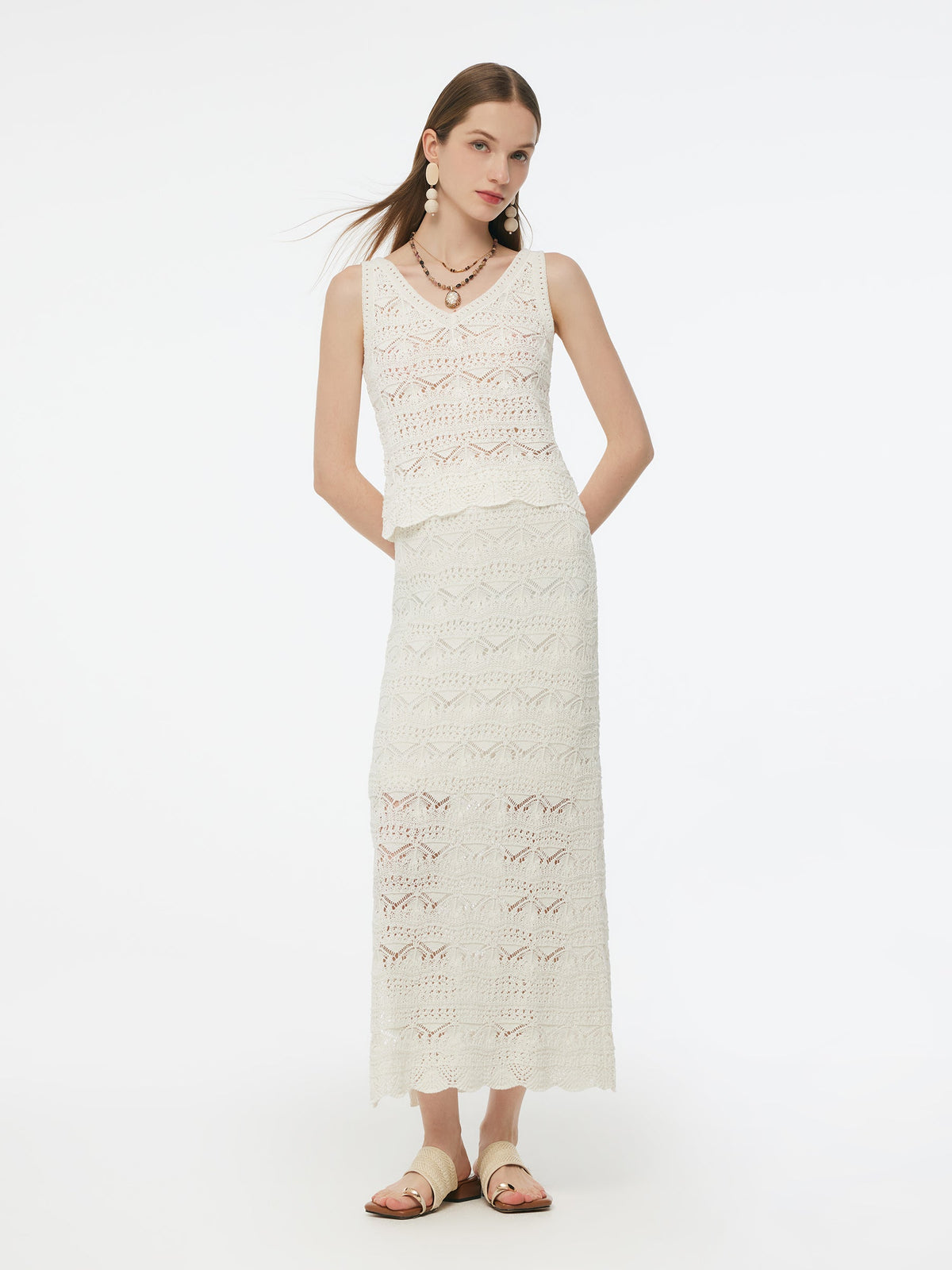 Linen Cotton Blend Women Side Slit Openwork Skirt