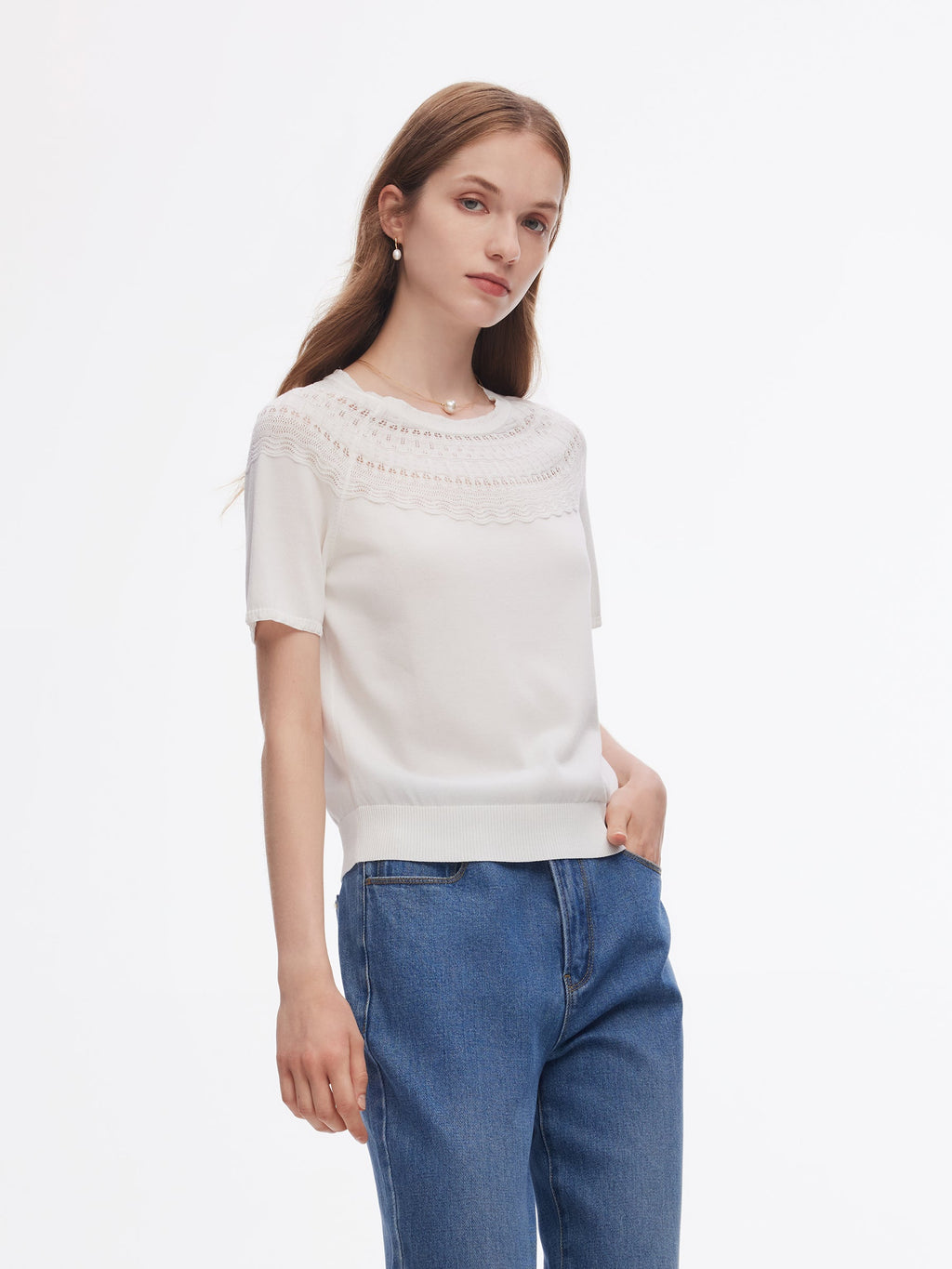 Tencel Blend Openwork Women Ruffle Round Neck Knit Top