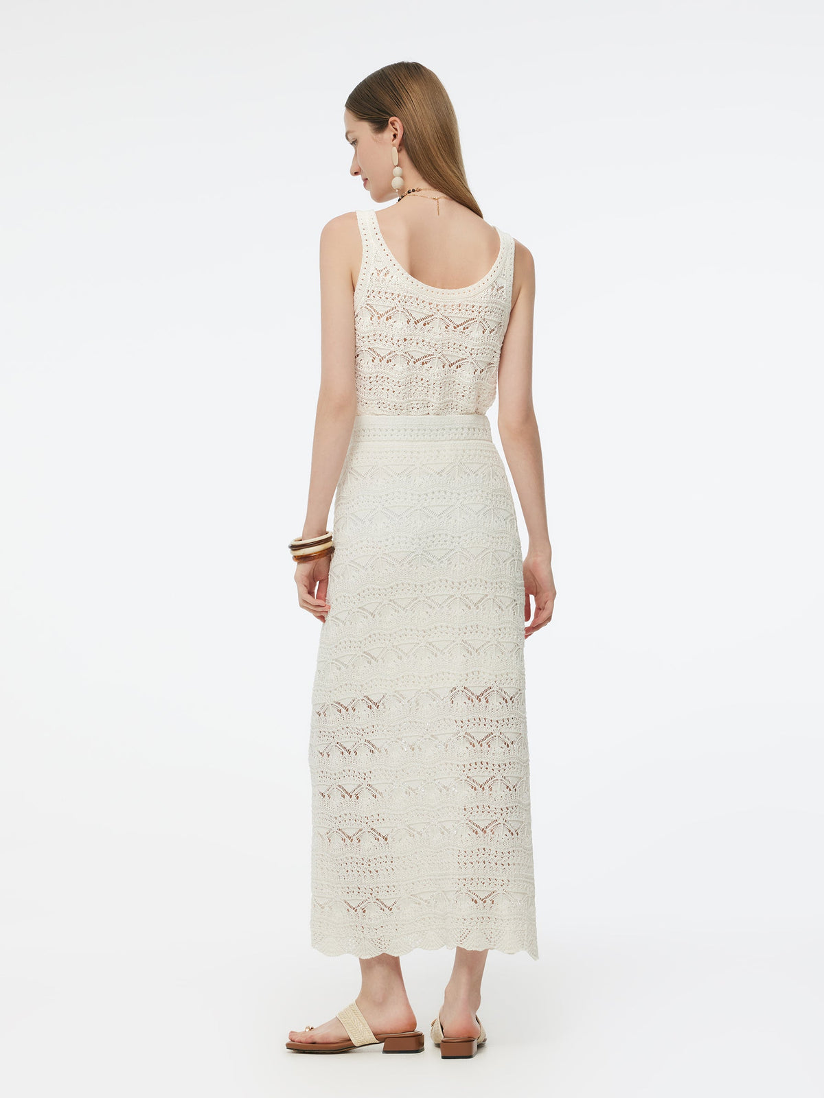 Linen Cotton Blend Women Side Slit Openwork Skirt