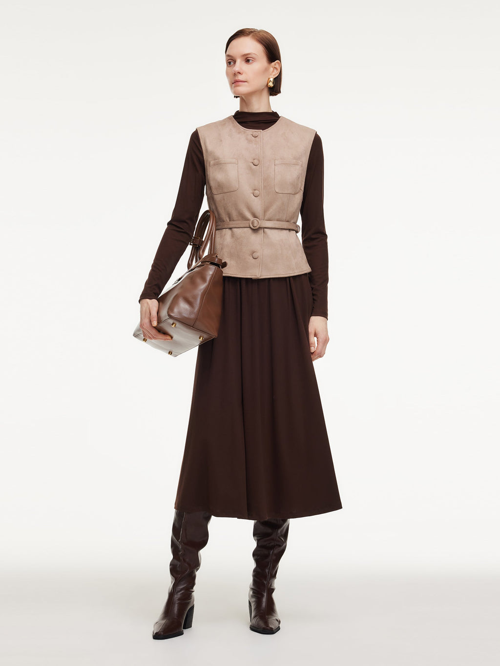 Faux Suede Vest And Knit Dress Two-Piece Set With Belt