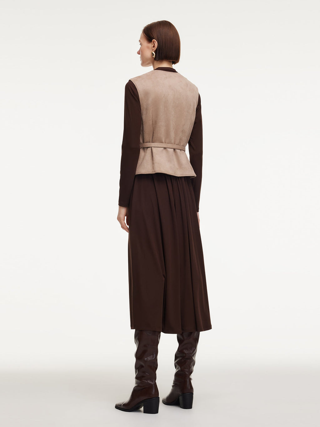 Faux Suede Vest And Knit Dress Two-Piece Set With Belt