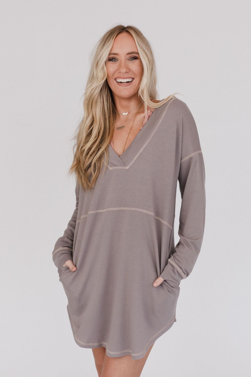 The Nest Meadow Long Sleeve Tunic Dress - Mushroom - Pre Order