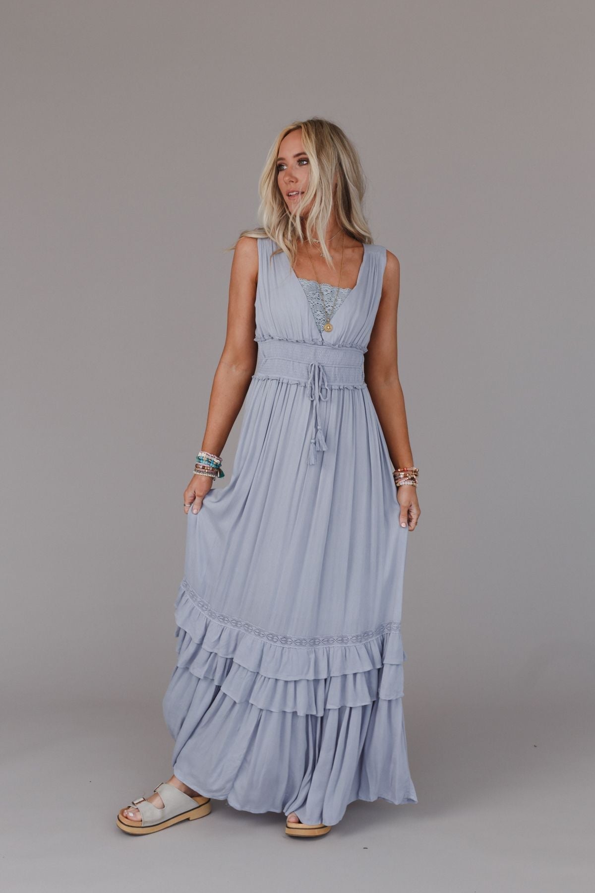 Santa Maria Tiered Lace Maxi Dress - Washed Gray - Pre Order